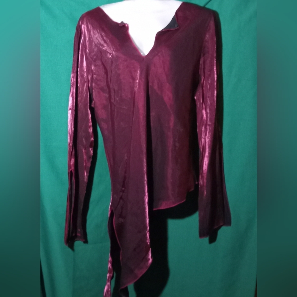 Purple Metallic Tunic Style Hi Low Sideways Long Flowy Sleeves by Objex 2XL